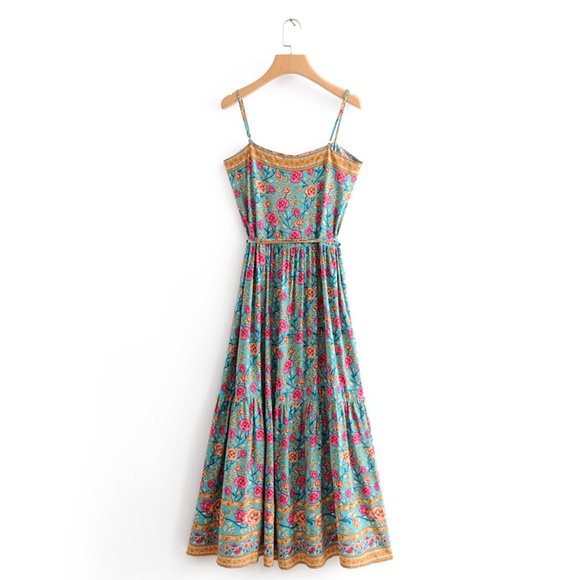 Floral print cami boho gypsy maxi dress - MINT - Picture 4 of 5